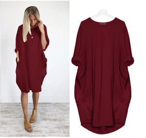 Womens Fashion Full Sleeve Pocket Loose Dress Ladies Crew Neck Casual Long Tops Dress Plus Size