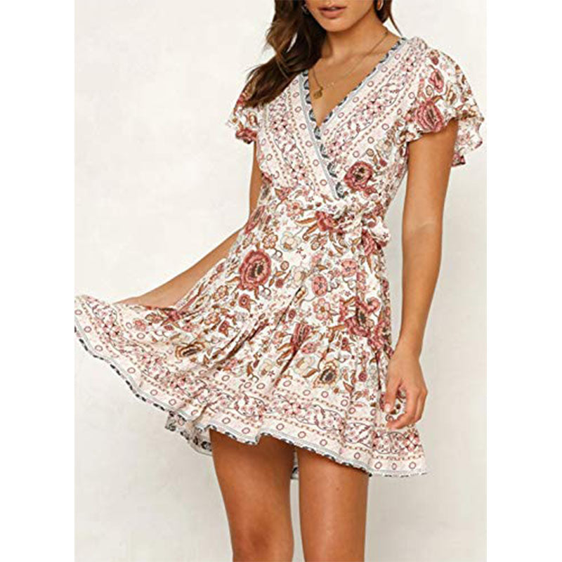 Women’s Summer Wrap V Neck Bohemian Floral Print Ruffle Swing A Line Beach Mini Dress