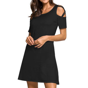 Women's Cold Shoulder Dresses with Pockets Loose Strappy T Shirt Swing Dress