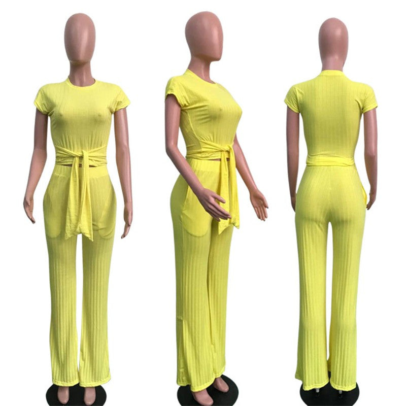 2019 hot sell 6colors women clothing ol office ladies two piece Outfits (crop top+wide leg pants) 2 Piece Set