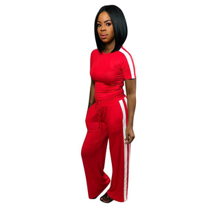 Short Sleeve stripe patchwork Colour two piece Set Casual Tops With trousers women two piece clothing Wide leg trousers