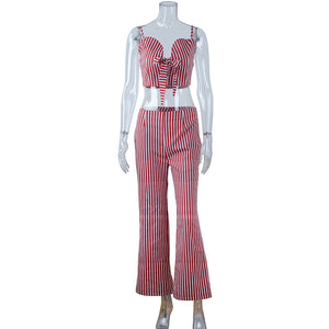 OOTN Tank Top Camis Loose Trousers 2 Piece Sets Burgundy Red Striped Women Strap Crop Top Shirts Wide Leg Pants Two Piece Sets