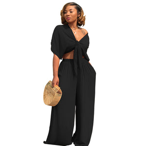 TY7003 wholesale solid casual loose wide leg two piece set women clothing