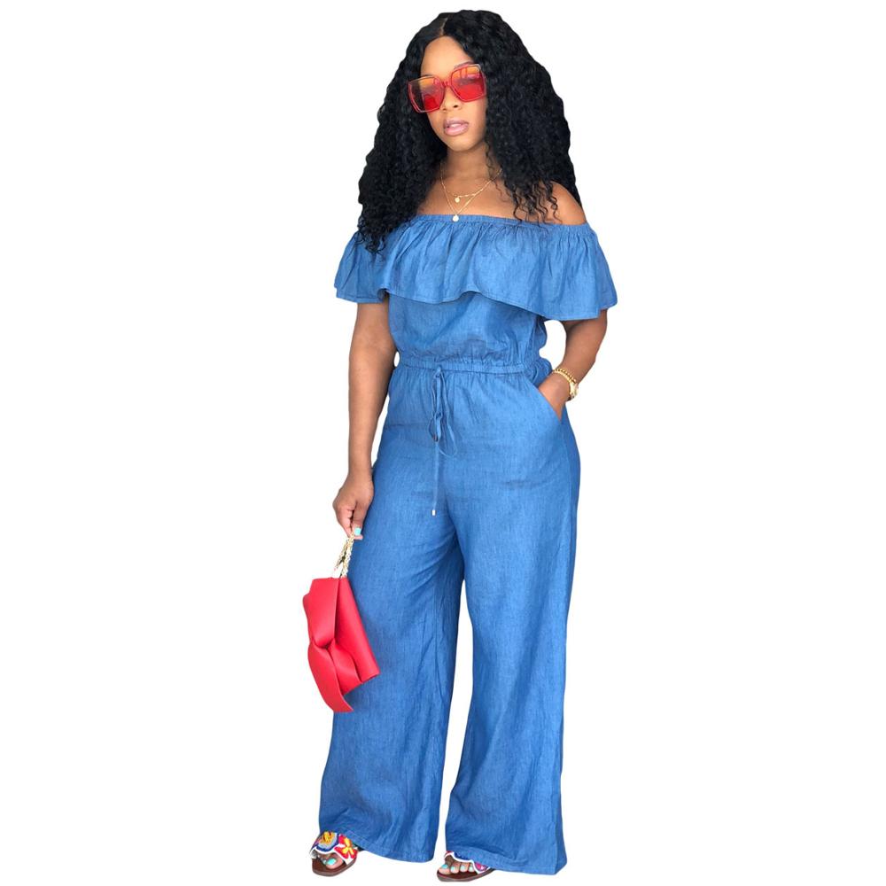 Off Shoulder Slash NECK Ruffle Jeans Denim Jumpsuit Loose 2018 Women's Fashion Playsuit Romper