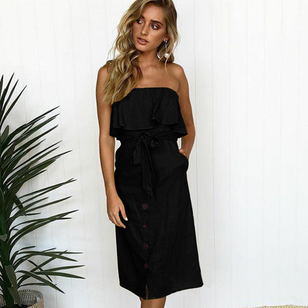 Off Shoulder Strapless Women Summer Tube Dress 2018 New Casual Vestidos Ruffles Bow Elegant Party Dresses