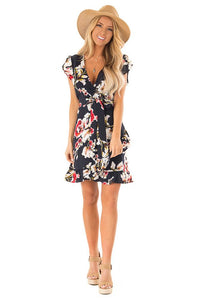 Women’s Summer Wrap V Neck Bohemian Floral Print Ruffle Swing A Line Beach Mini Dress