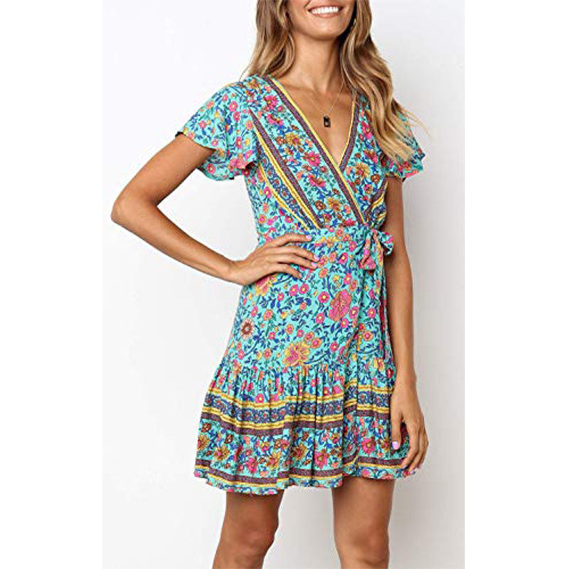 Women’s Summer Wrap V Neck Bohemian Floral Print Ruffle Swing A Line Beach Mini Dress