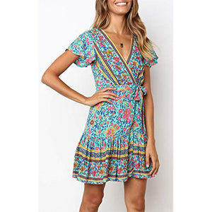 Women’s Summer Wrap V Neck Bohemian Floral Print Ruffle Swing A Line Beach Mini Dress