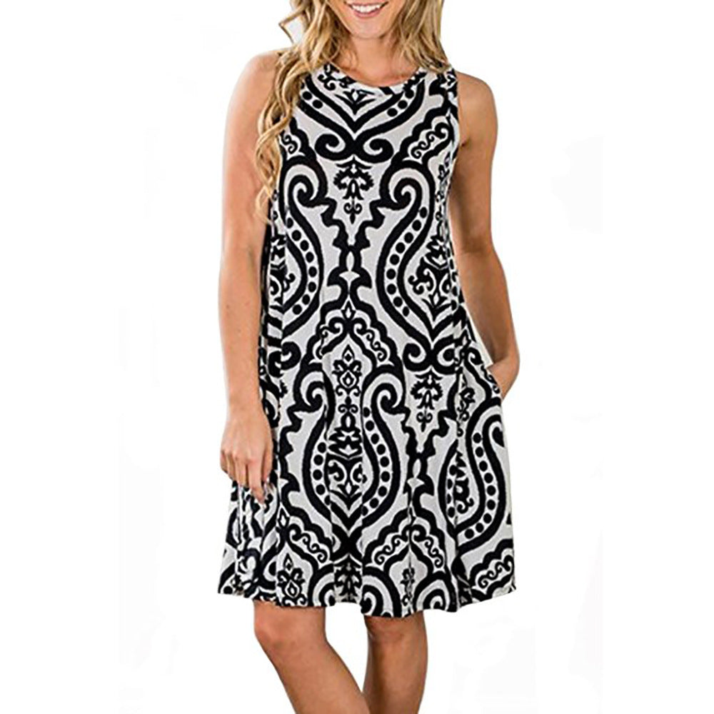 Women Element printing Dress Soft Material Sleeveless Round Neck Casual Dress