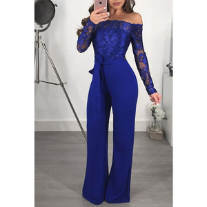 Off Shoulder Guipure Lace Tie Waist Womens Jumpsuit