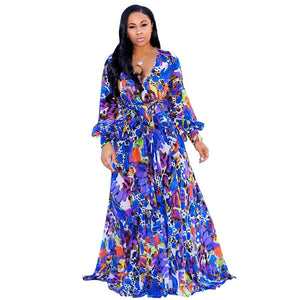 Women's Floral Print Wrap V Neck Long Sleeve Tie Waist Maxi Dress