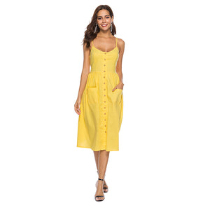 OOTN Female Summer 2019 Strap Sundress Cotton Women Midi Tunic Sun Dress Yellow Boho Saida De Beach Dress Women Casual Dresses