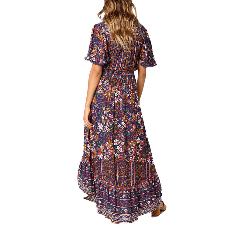 Women's Boho Button Down Bat Sleeve Floral Elastic Waist Beach Party Vacation High Low Ruffle Long Maxi Dress