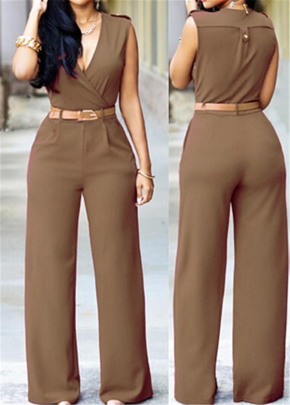 Sexy V-Neck High Waist Sleeveless Ladies Jumpsuit With Belt