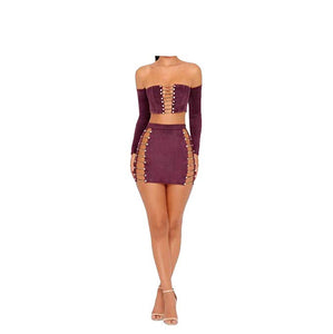 Woman Suede Mini Long Sleeve Off Shoulder Club Sex Party Dress