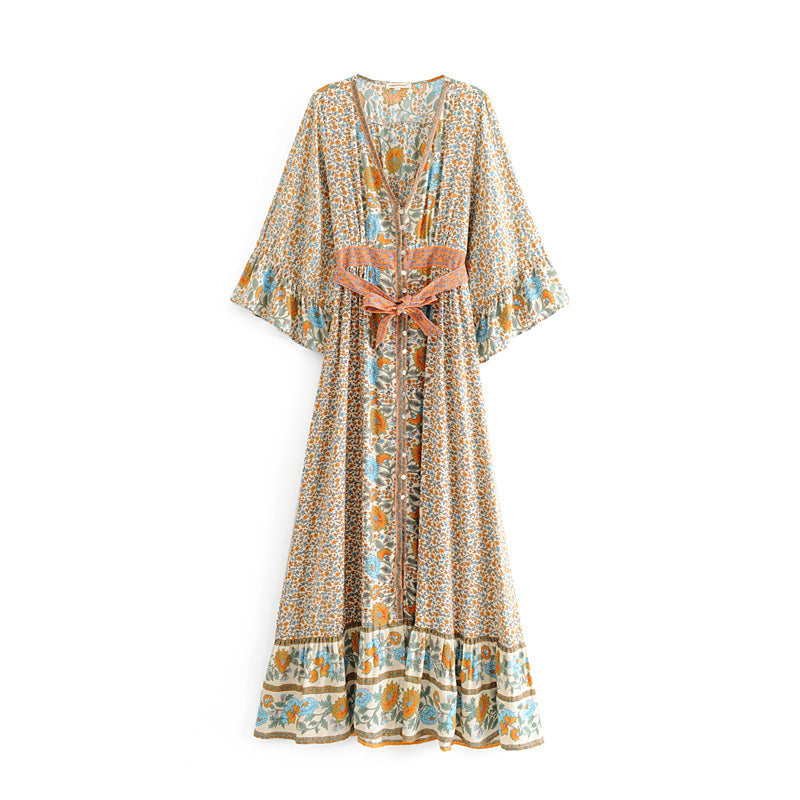 Sexy v neck long sleeve maxi button up flower printed summer bohemian clothing dress with belt