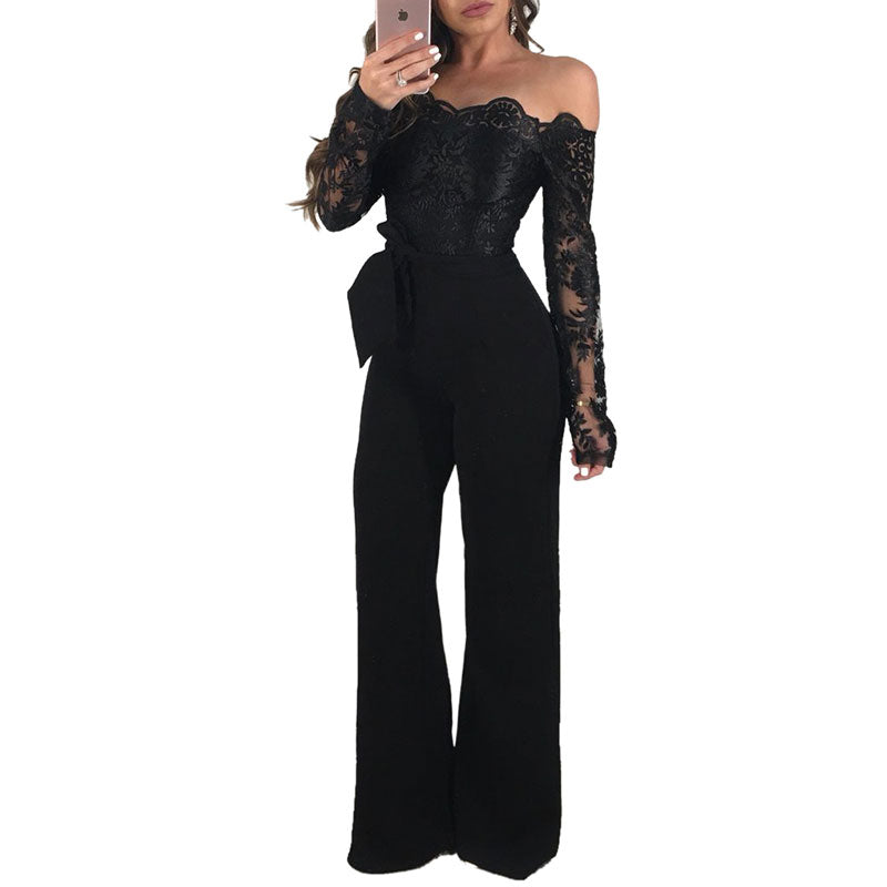 Off Shoulder Guipure Lace Tie Waist Womens Jumpsuit