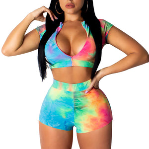 Stylish Summer Colorful Tie-Dyed Printed Women Clothing Sexy Bodycon Two Piece Set