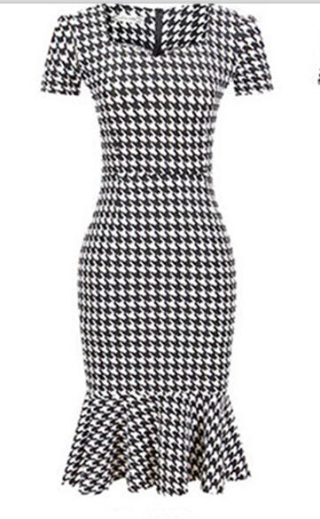 Women's Vintage Houndstooth-Printed Bow Slim Retro Dress