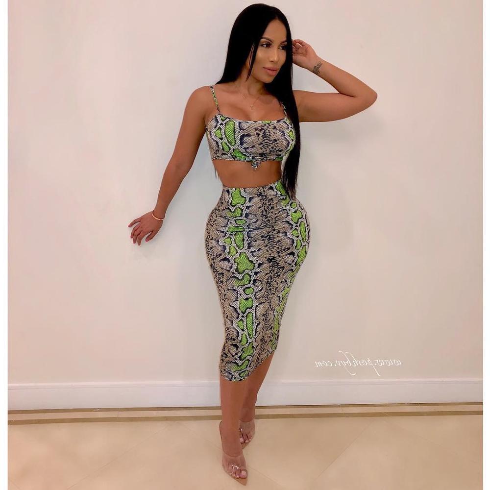 Womens 2 Piece Outfit Sexy Snakeskin Print Cami Crop Top Bodycon Dress