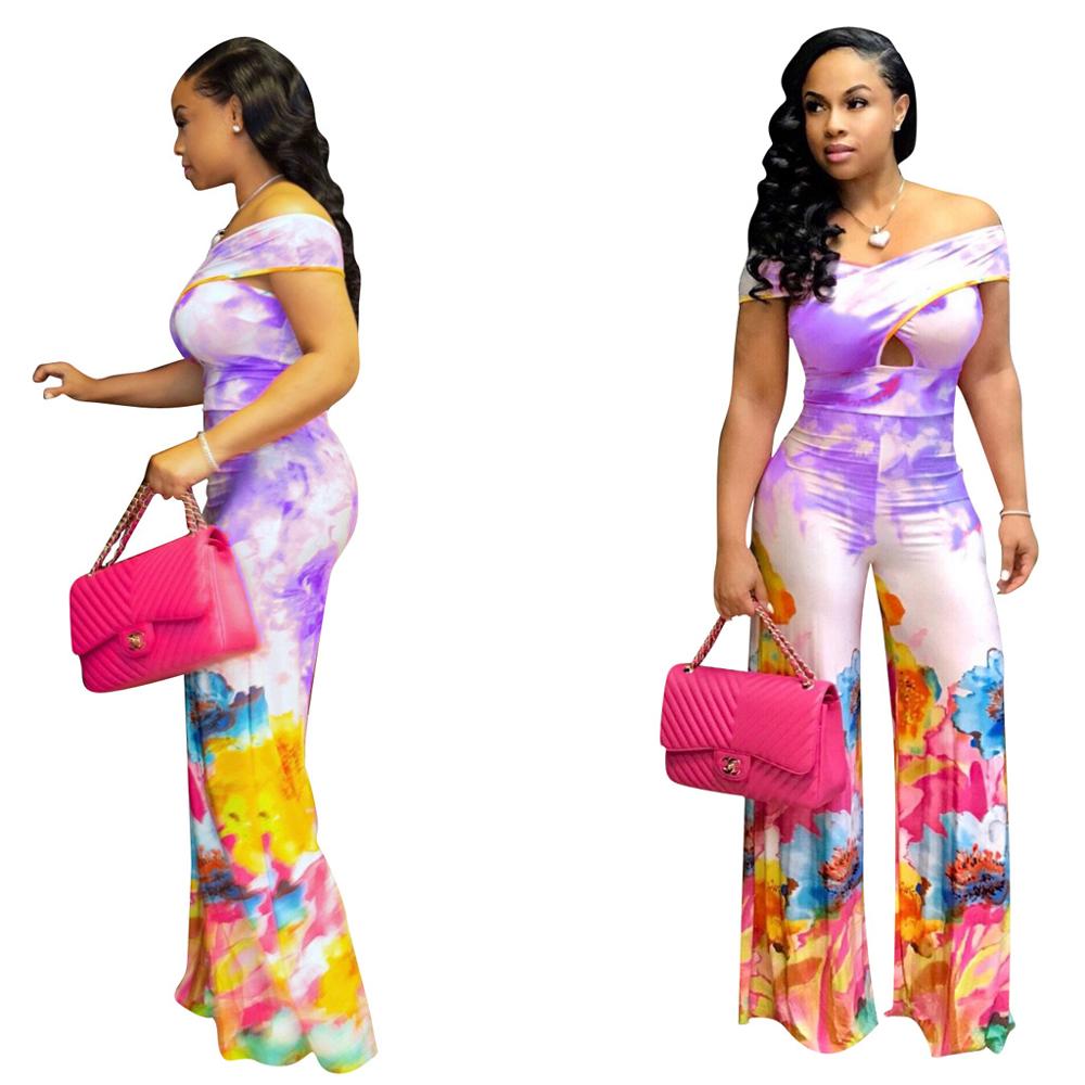 New Women Summer Slim Off The Shoulder Multicolor Printed Jumpsuit  EACF1841