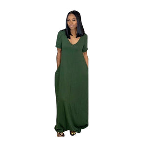 V Neck Solid Colour Short Sleeve Loose Long floor Casual Dress With pocket 2019 New Fashion Women Dress