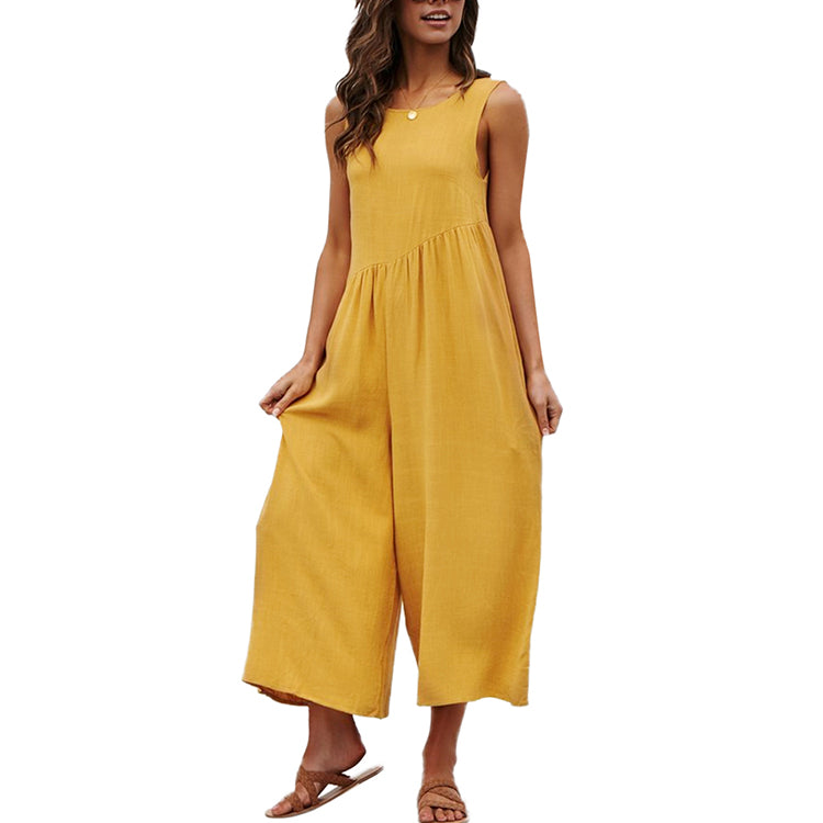 Lover-Beauty New Arriving Summer Yellow Loose Sleeveless One Piece Women Casual Jumpsuit