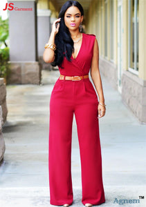 Sexy V-Neck High Waist Sleeveless Ladies Jumpsuit With Belt