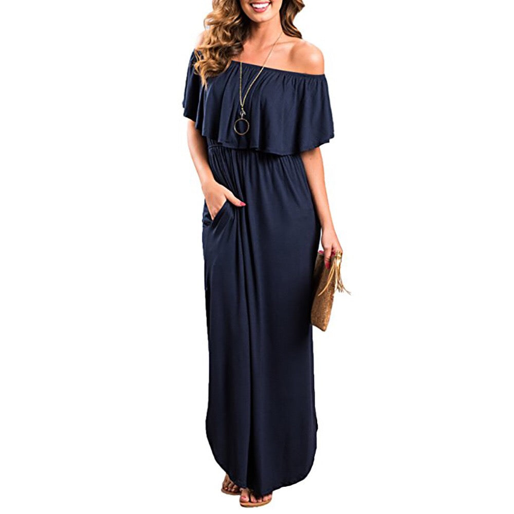 Womens Off The Shoulder Ruffle Party Dresses Side Split Beach Maxi Dress