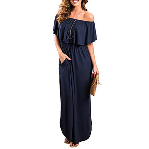 Womens Off The Shoulder Ruffle Party Dresses Side Split Beach Maxi Dress