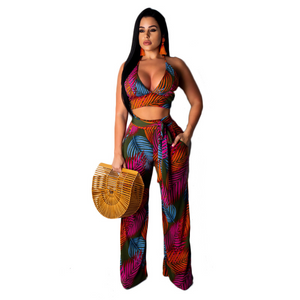 Women Two Piece Set Leaves Print Strap Cropped Top Pants High Waist Wide Leg Pant Sexy Sweatsuit Casual Beach Suits Y11592