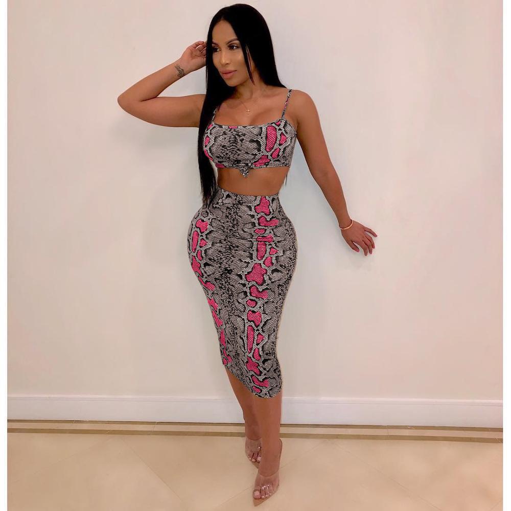 Womens 2 Piece Outfit Sexy Snakeskin Print Cami Crop Top Bodycon Dress