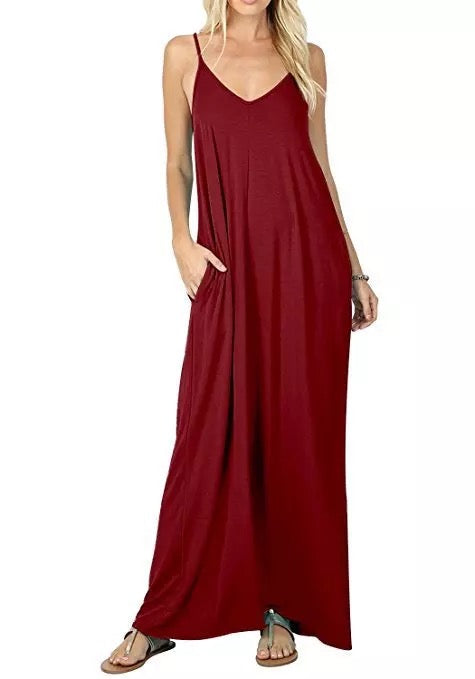 Women's Loose Plain Maxi Dress Casual Flowy Vacation Long Dresses with Pockets