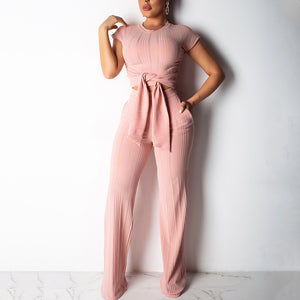 Summer New Arrivals Short Sleeve Crop Top Women Casual Wide Leg Pants Two Piece Set Women Clothing