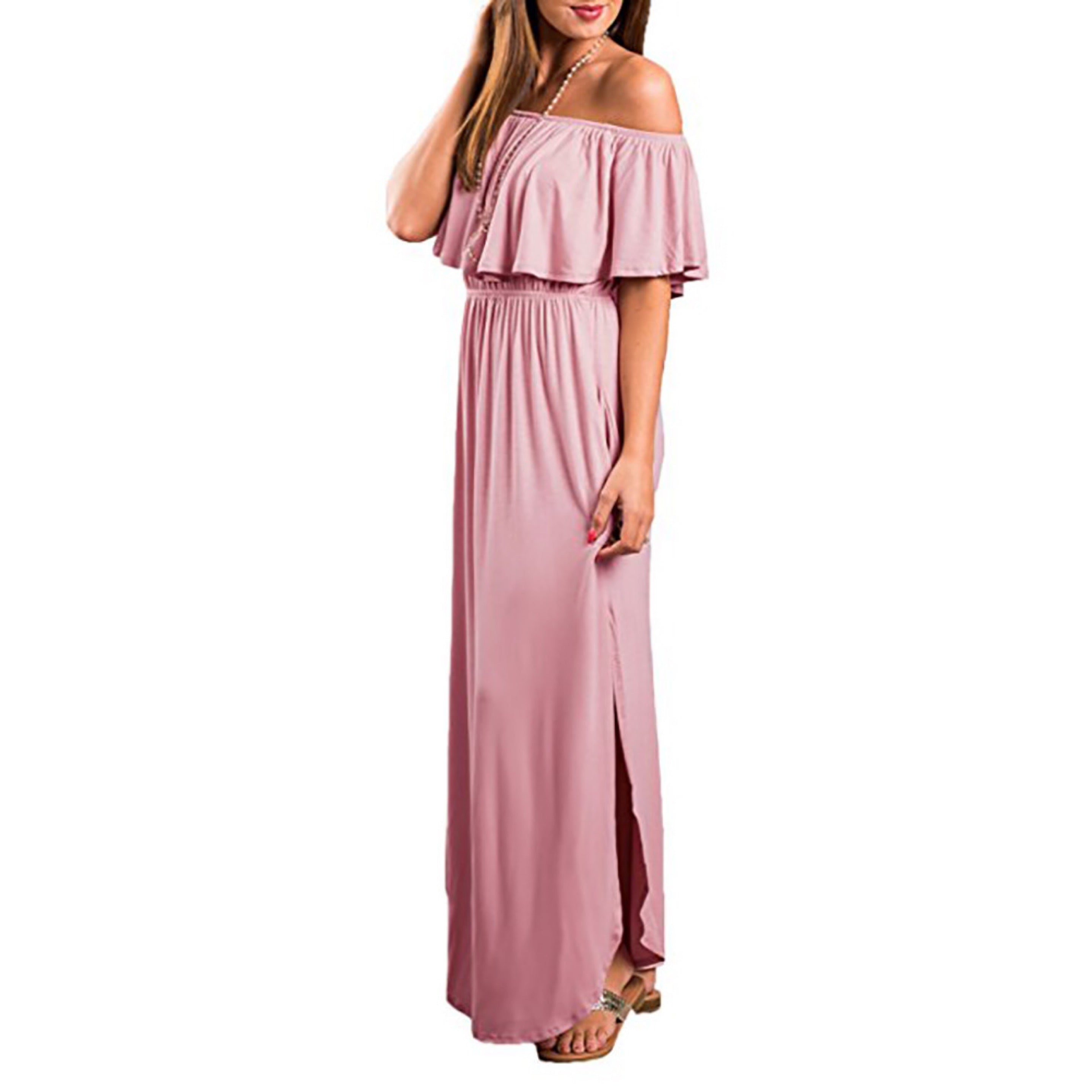 Womens Off The Shoulder Ruffle Party Dresses Side Split Beach Maxi Dress