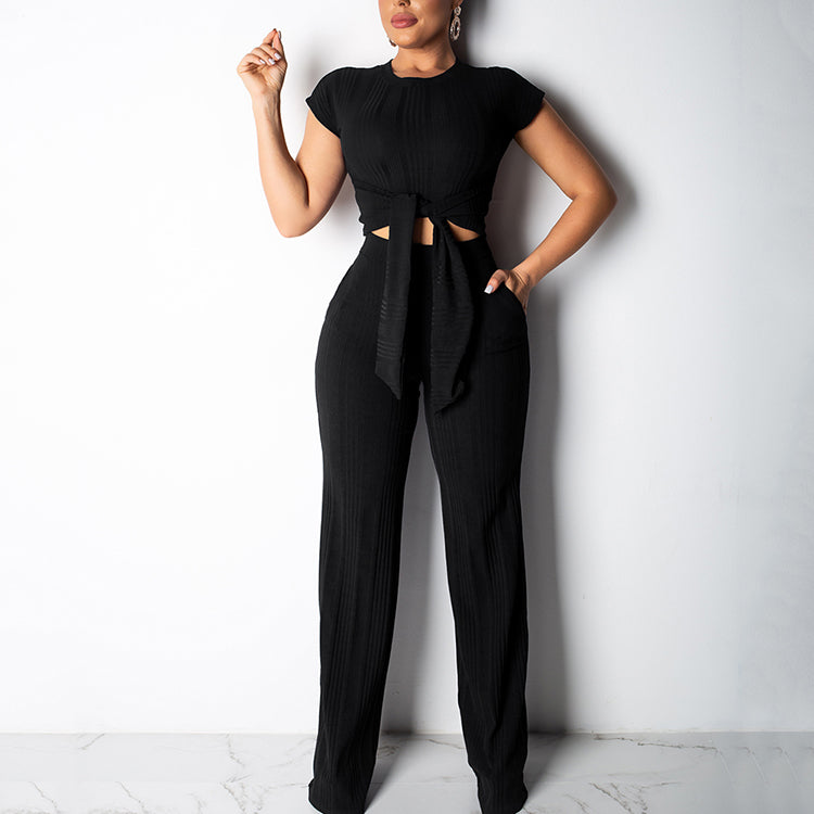 Tight Short Sleeve Crop Top Casual Wide Leg Pants Women Jumpsuit Two Piece Set Women