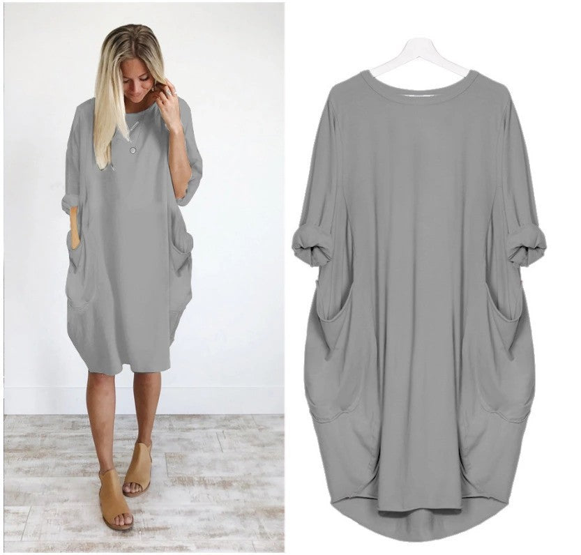 Womens Fashion Full Sleeve Pocket Loose Dress Ladies Crew Neck Casual Long Tops Dress Plus Size