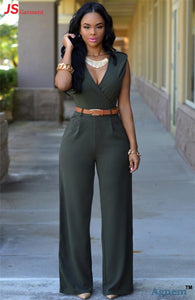 Sexy V-Neck High Waist Sleeveless Ladies Jumpsuit With Belt