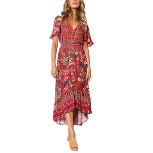 Women's Boho Button Down Bat Sleeve Floral Elastic Waist Beach Party Vacation High Low Ruffle Long Maxi Dress