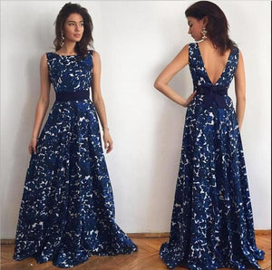 woman evening party dress sexy backless wedding dress hot blue sleeveless printed dress