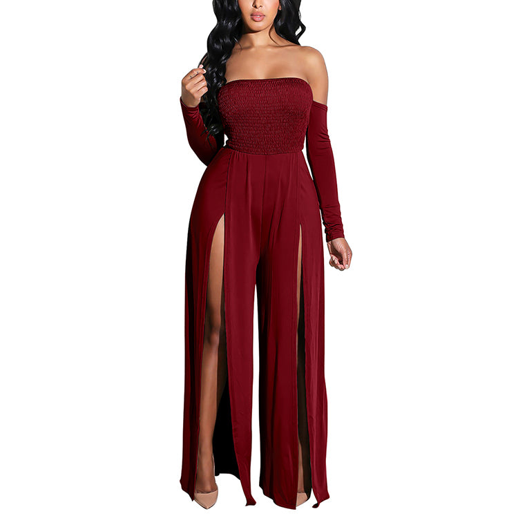 Wholesale Sexy High Split Leg Off The Shoulder Party Wear Women Long Sleeve Jumpsuit