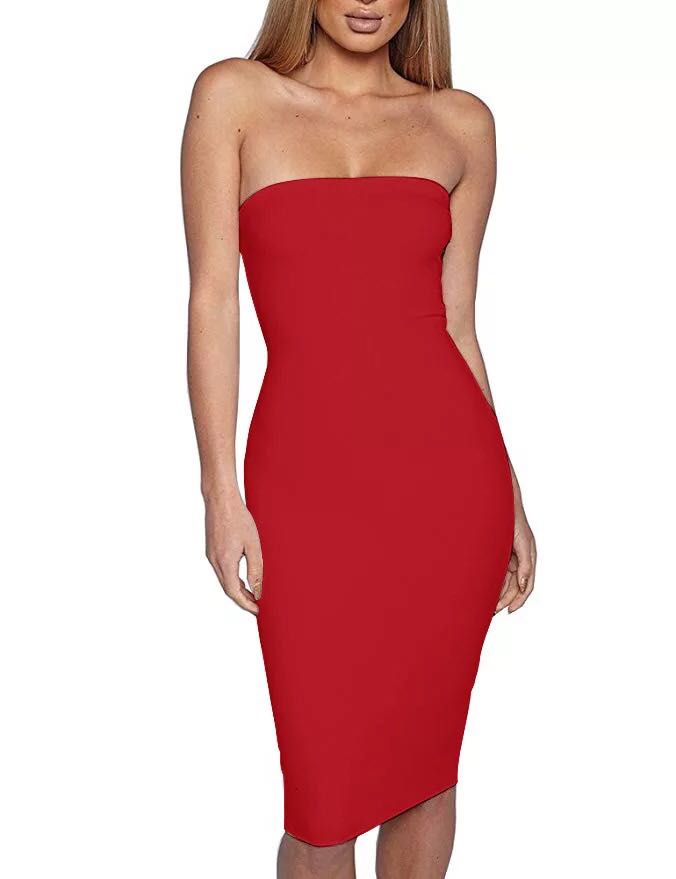 Women's Basic Sleeveless Tube Top Sexy Strapless Bodycon Midi Club Dress