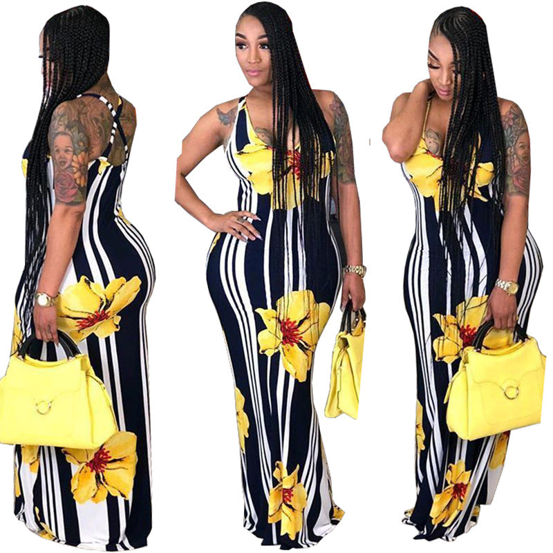 Deep V Neck Sleeveless Printed Flora stripe Long Maxi Dress 2019 Ladies Summer Beach Bohemian floor dress Women