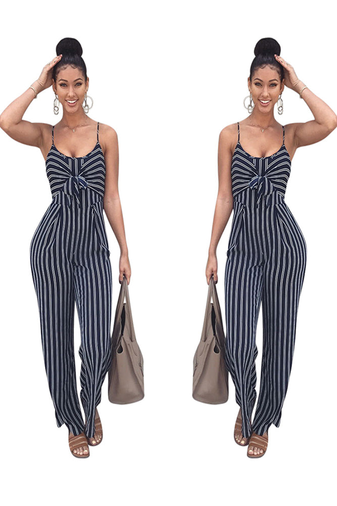 Sexy Sleeveless Womens Jumpsuit Casual Wear Black Suit With White Stripes Ladies Summer Jumpsuit