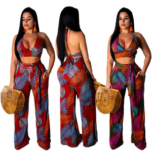 Women Two Piece Set Leaves Print Strap Cropped Top Pants High Waist Wide Leg Pant Sexy Sweatsuit Casual Beach Suits Y11592