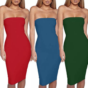 Women's Basic Sleeveless Tube Top Sexy Strapless Bodycon Midi Club Dress