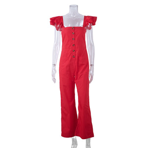 OOTN Ladies Office Casual Tops Female Red Overalls, Ruffle Sleeveless Long Jumpsuits Summer Rompers, Sleeveless Jumpsuits Women