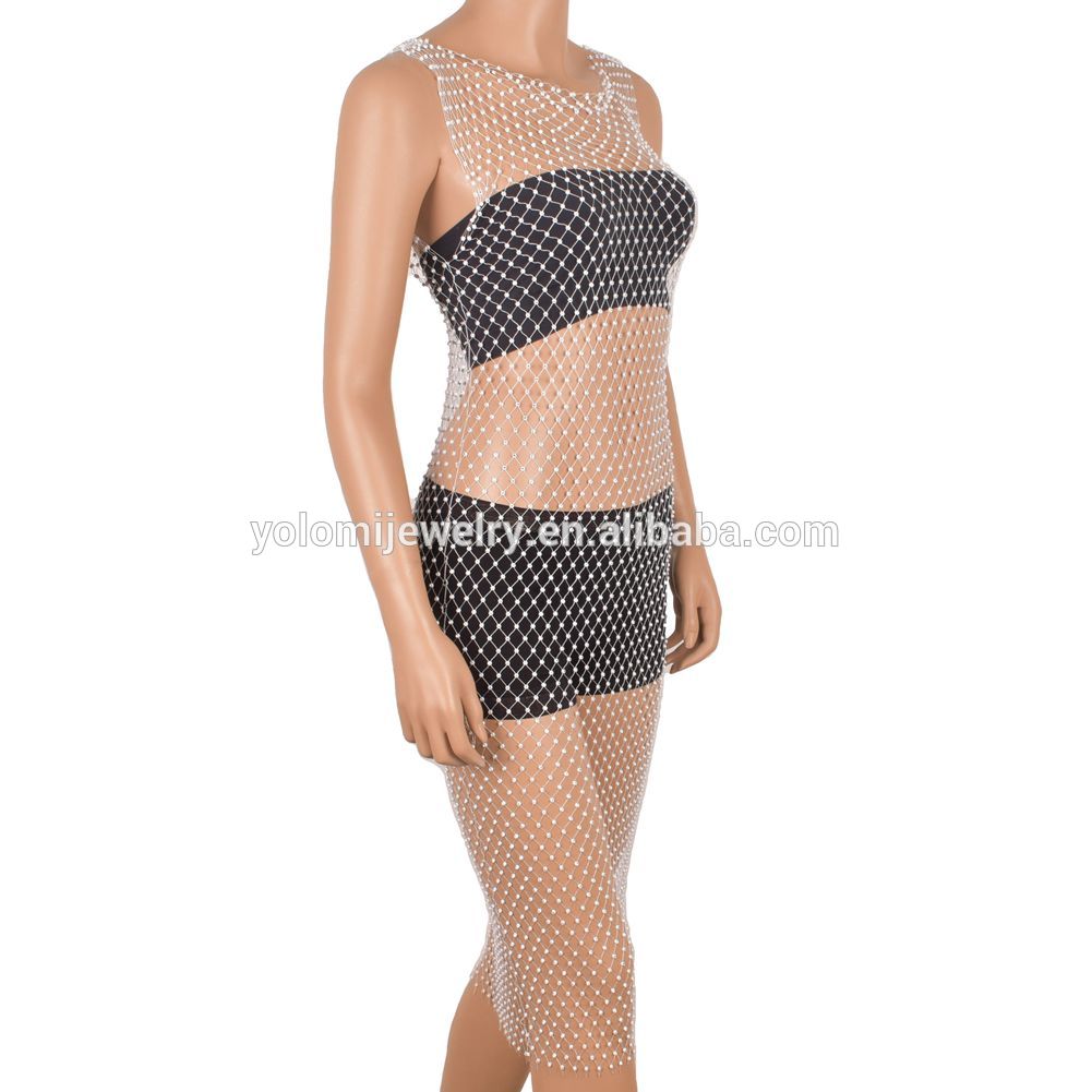 Sexy Club Dress Hollow Mesh Dress With Rhinestone Party Dress Cotton Party Showgirl Costume MT07