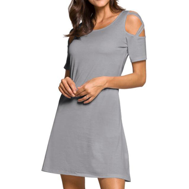 Women's Cold Shoulder Dresses with Pockets Loose Strappy T Shirt Swing Dress