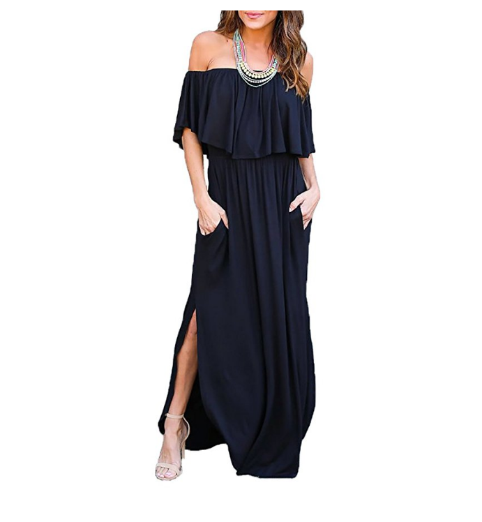 Womens Off The Shoulder Ruffle Party Dresses Side Split Beach Maxi Dress